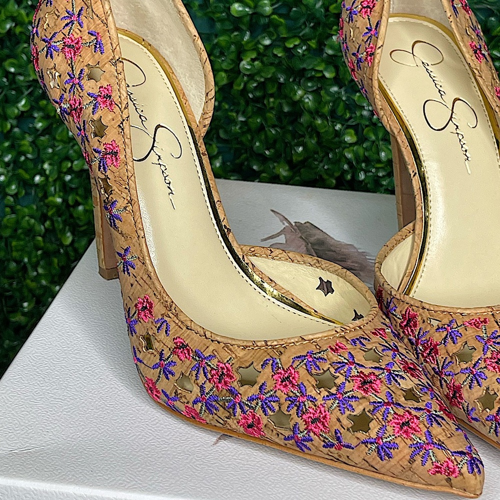 jessica simpson claudette pink multi floral cork pumps.